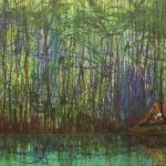 Gerhard Knell Landschaftsvisionen Landschaft Malerei Kunst Gemälde Acryl figürlich realistisch Großformatige Acrylmalerei Editionen Fine Art Prints grün blau braun Mann sitzend Baumstumpf Wildnis Wasser einsam Wald ausruhen Jackson Pollock