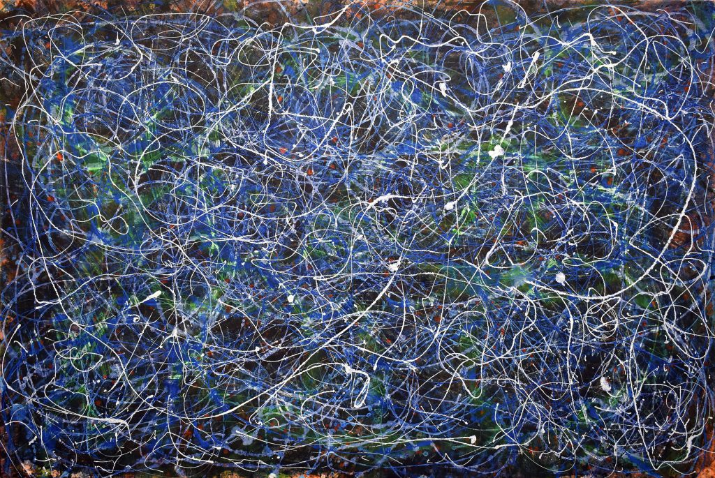 Gewirr von Gerhard Knell, Zeitgenössisches Gemälde, Abstrakte Kunst wie Jackson Pollock, blau grün weiß