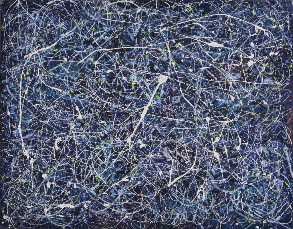 The Web von Gerhard Knell, Landschaftsvisionen. Abstrakte Kunst in der Art von Jackson Pollock, blau schwarz weiß