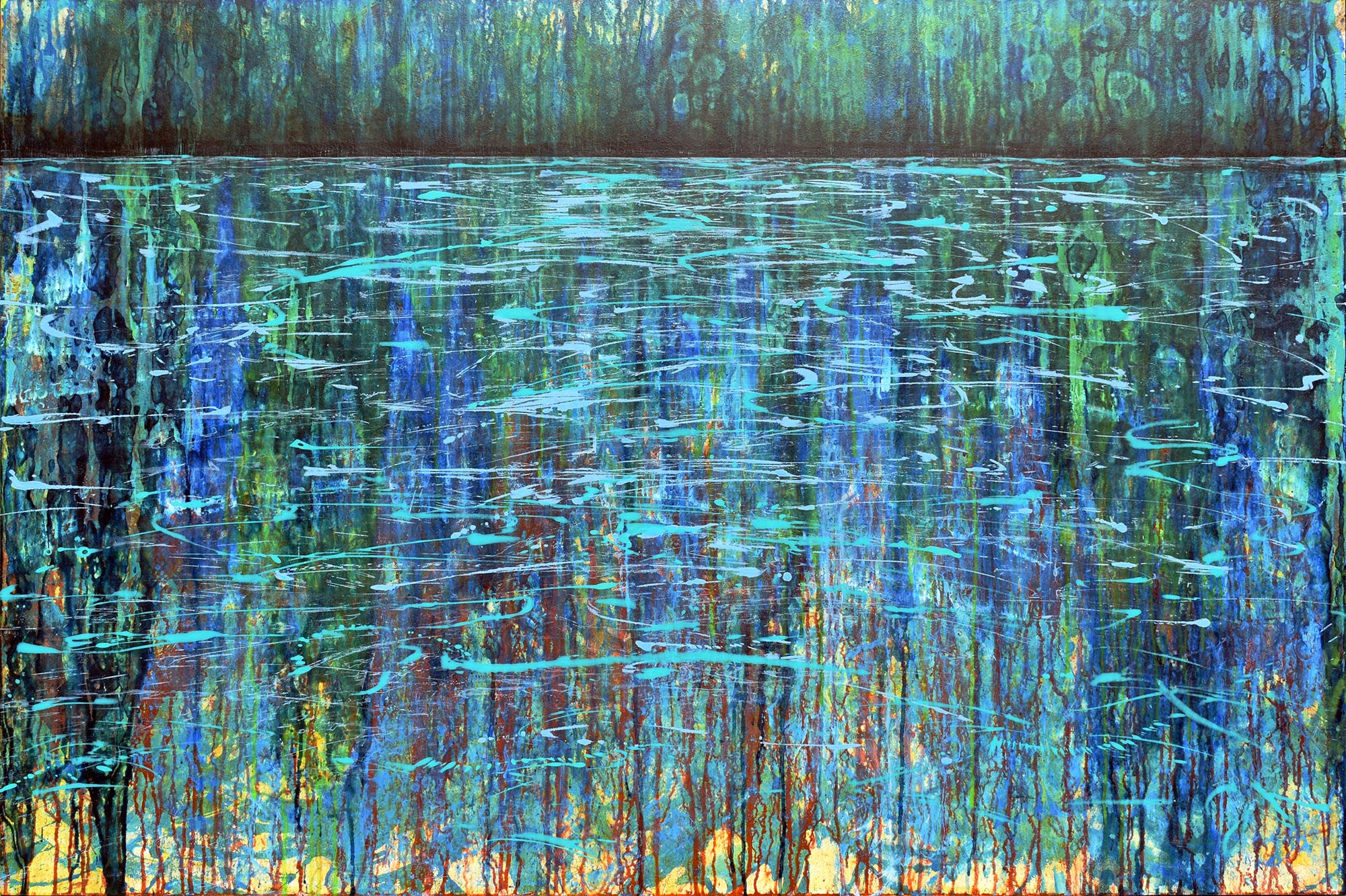 Reflexion auf Wasseroberfläche, blau, grün, türkis, Landschaft, See, Wald, Bild, Gemälde
